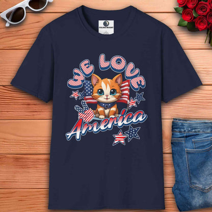 A navy blue Cute Patriotic Cat T-Shirt featuring a cat with stars and stripes, showing love for America.