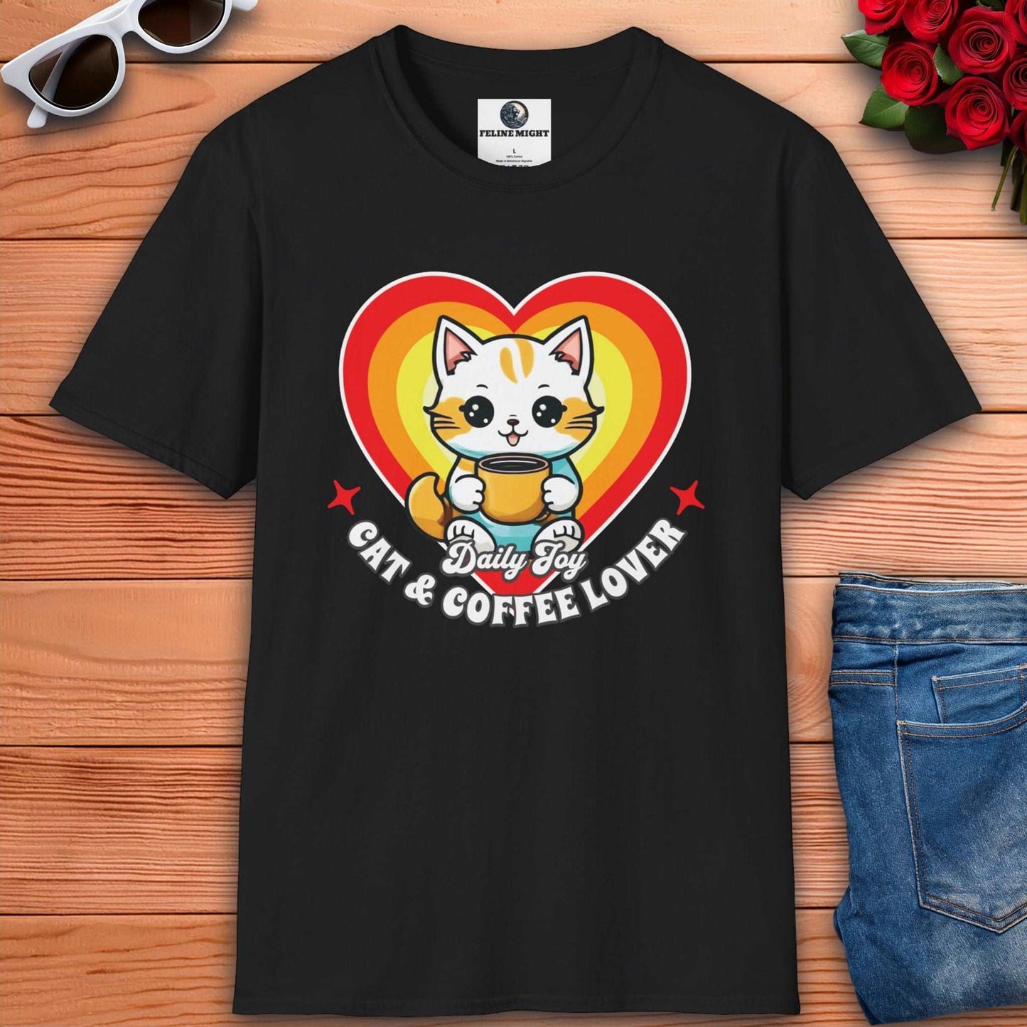 Heart-shaped design black t-shirt featuring a cheerful cat with a coffee cup