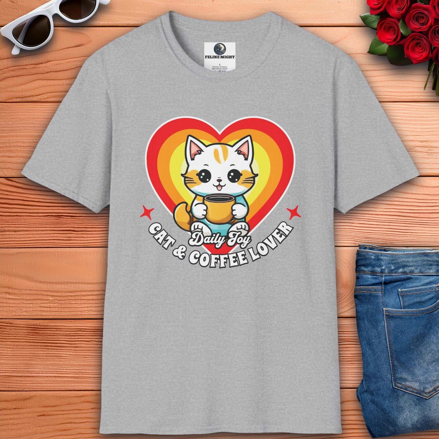 Heart-shaped design grey t-shirt featuring a cheerful cat with a coffee cup