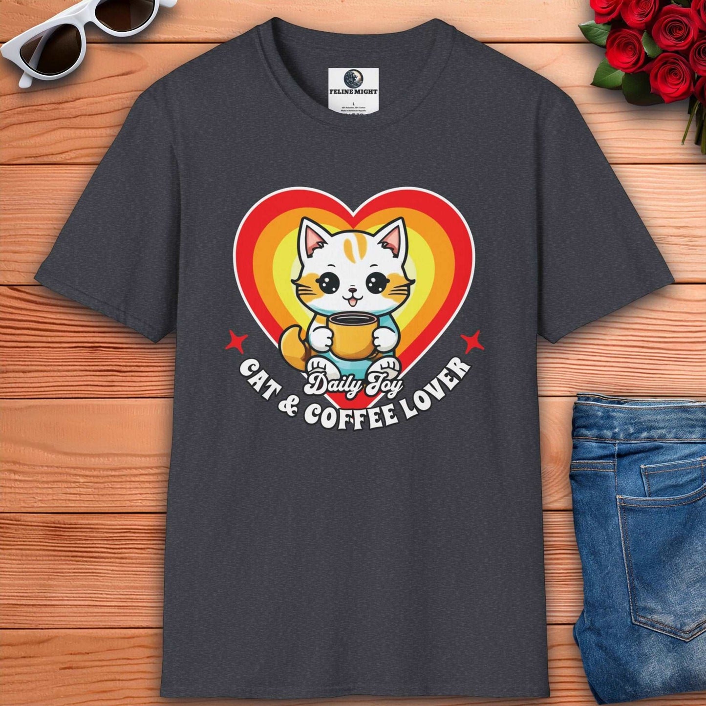 Heart-shaped design dark heather grey t-shirt featuring a cheerful cat with a coffee cup