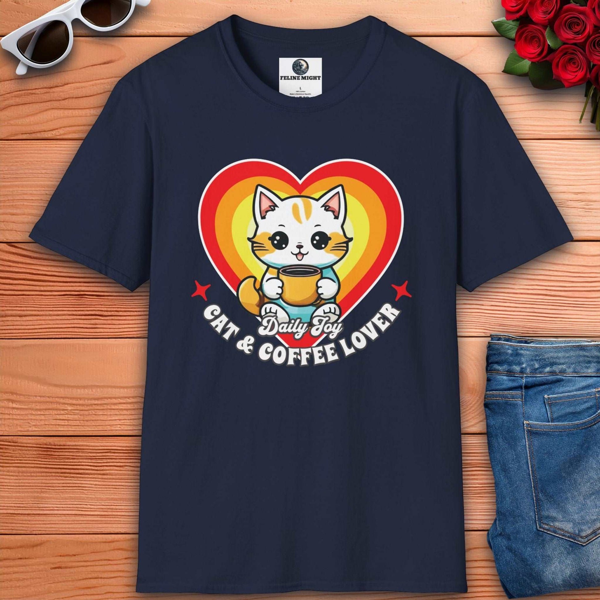 Heart-shaped design navy blue t-shirt featuring a cheerful cat with a coffee cup