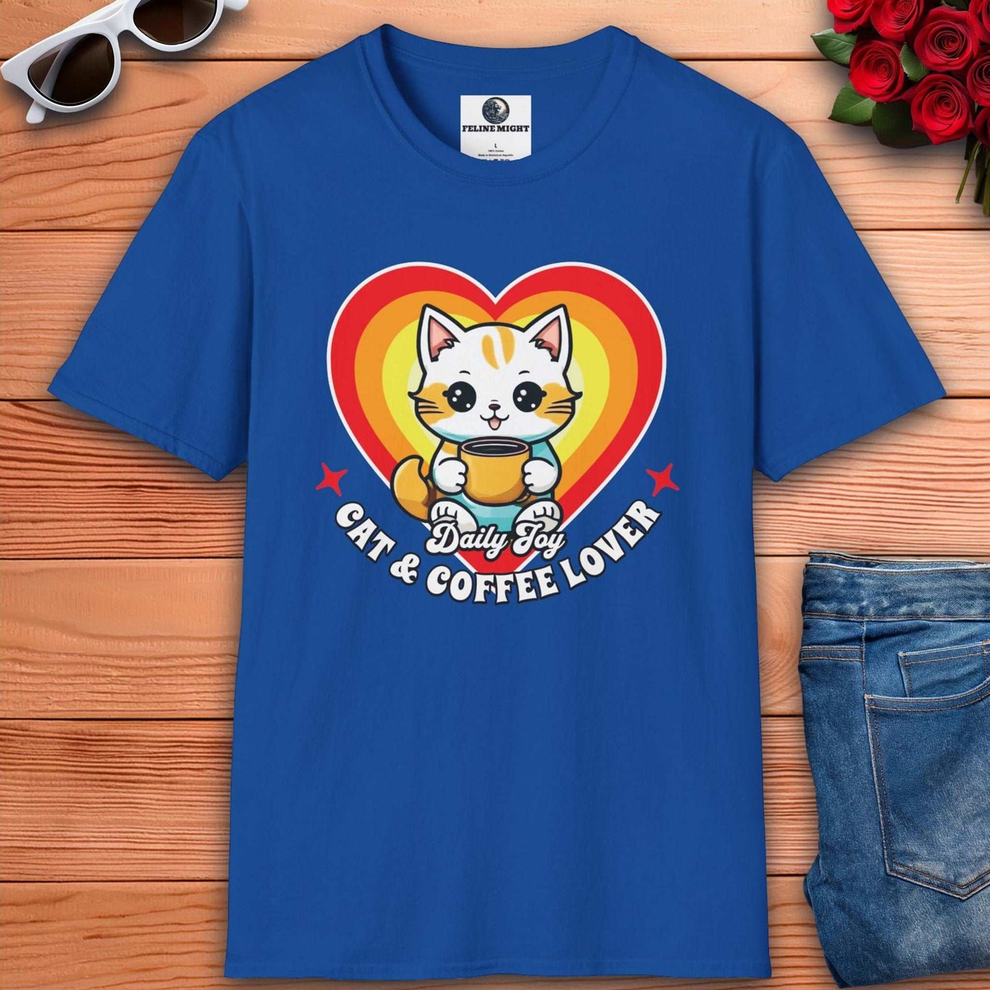 Heart-shaped design royal blue t-shirt featuring a cheerful cat with a coffee cup