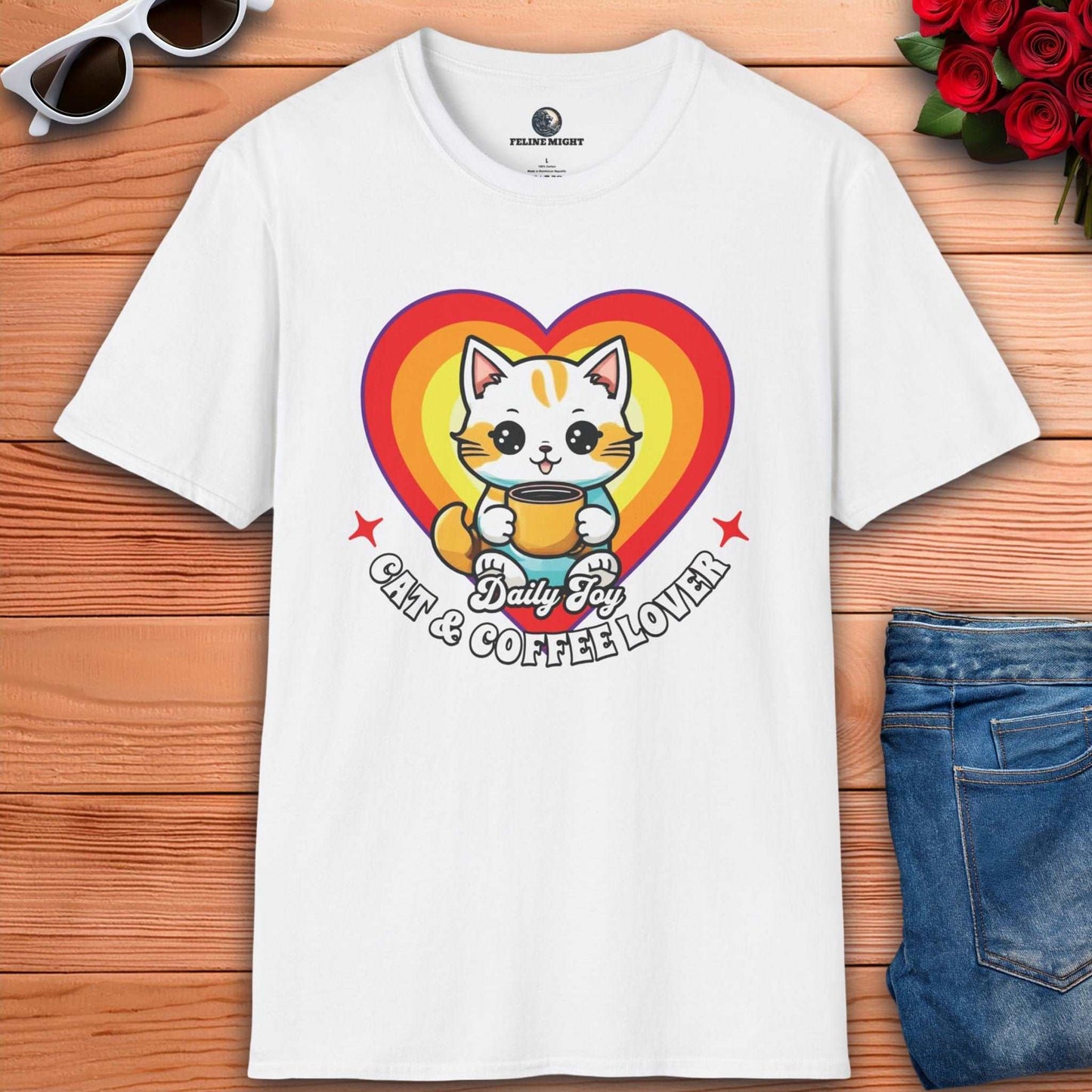 Heart-shaped design white t-shirt featuring a cheerful cat with a coffee cup