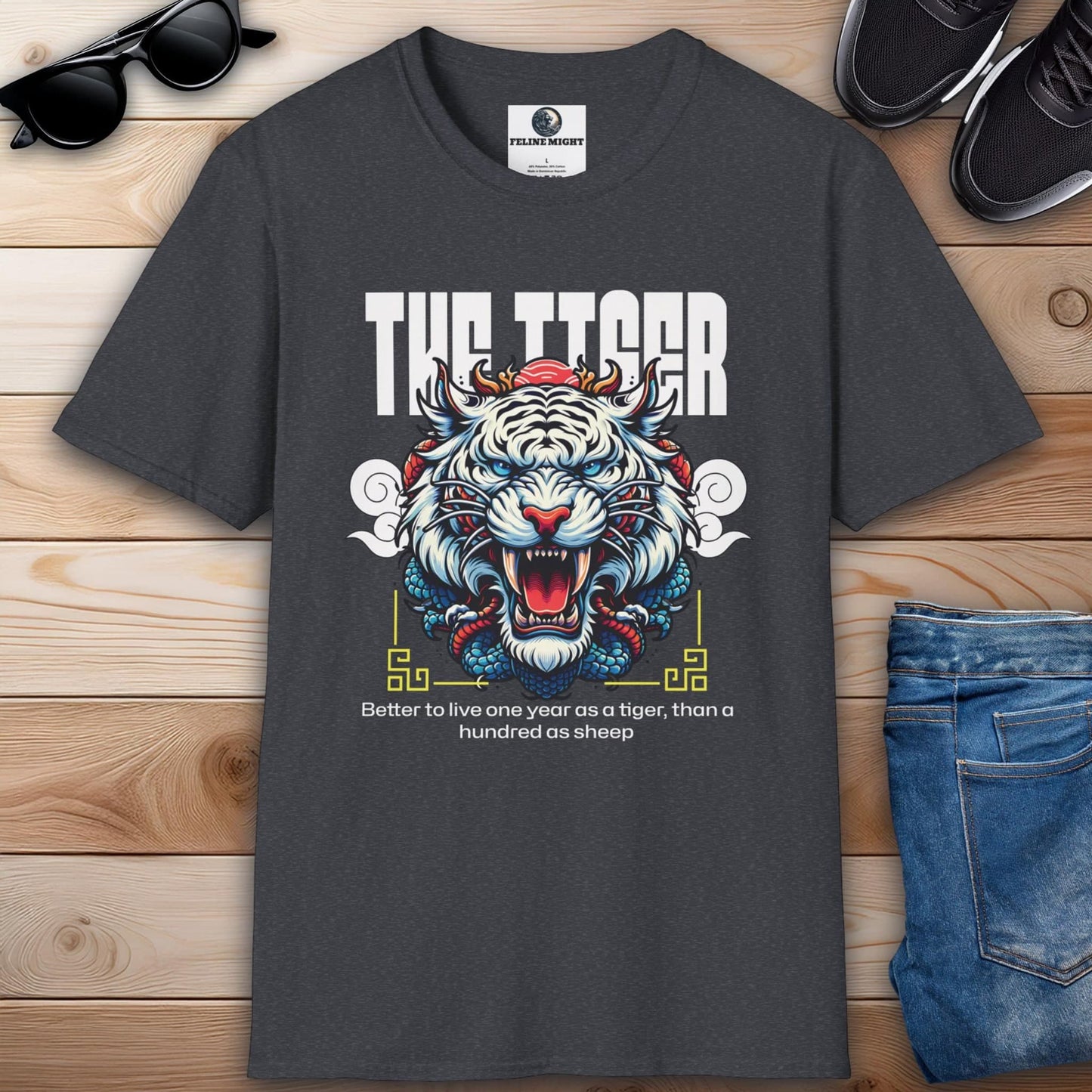 Dark heather grey t-shirt featuring a fierce tiger graphic and motivational quote