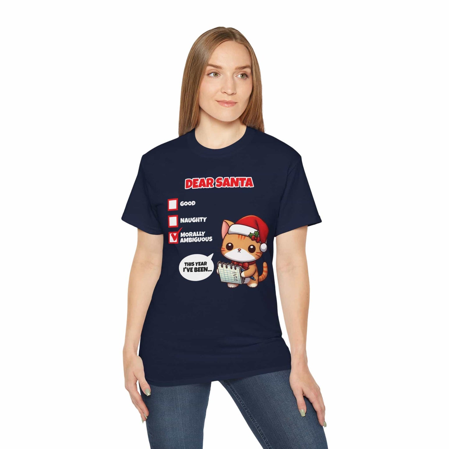 A woman wearing a navy blue Dear Santa Cat T-Shirt featuring a cute cat illustration and festive humor.