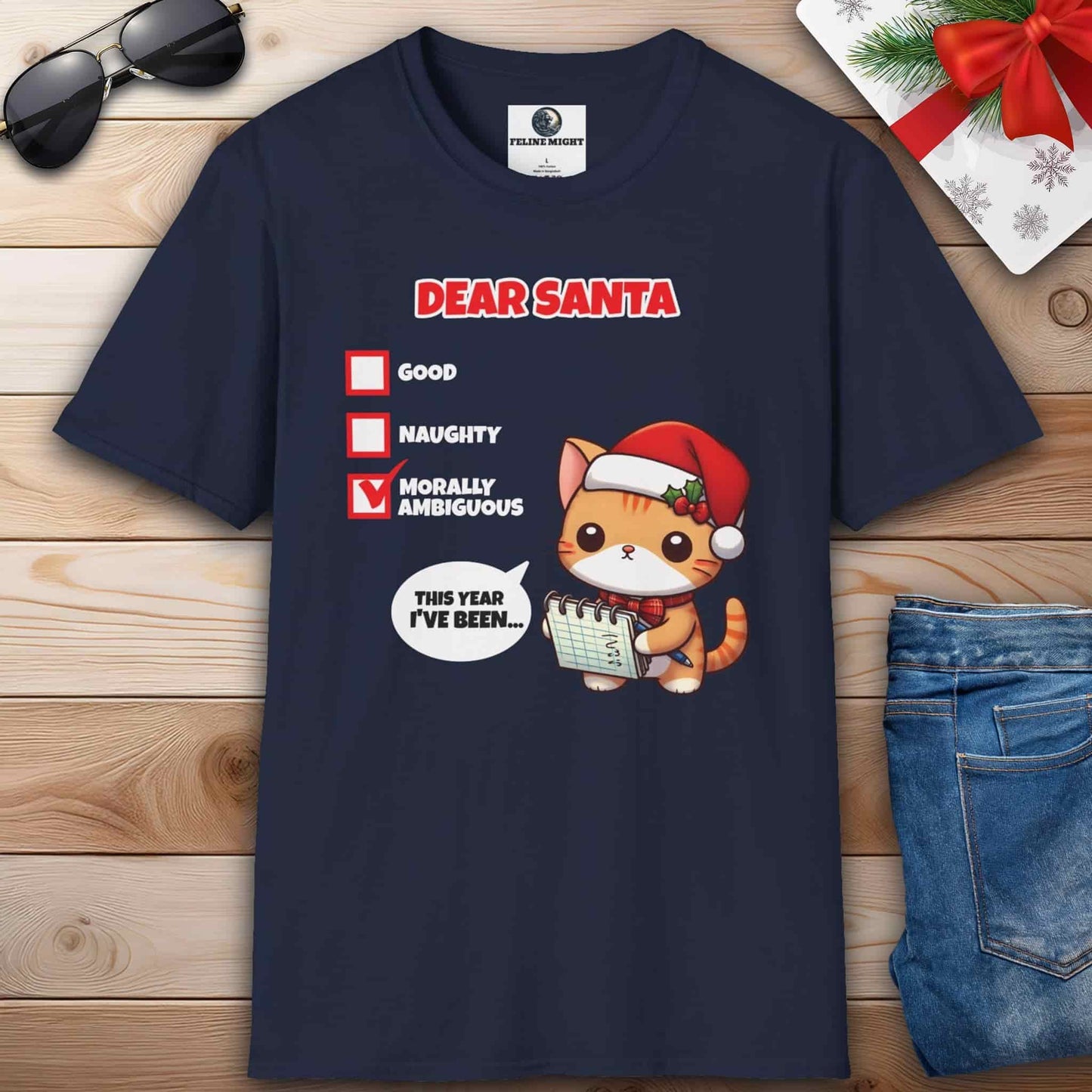 A navy blue Dear Santa Cat T-Shirt featuring a festive cat with humorous checkbox design for the holiday season.