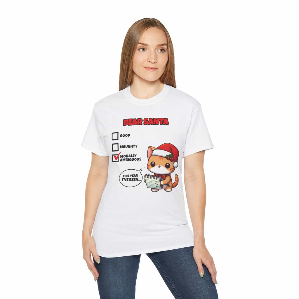 A woman wearing a white Dear Santa Cat T-Shirt featuring a cute cat illustration and festive humor.