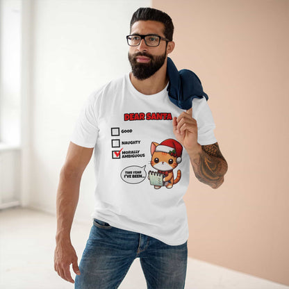 A man wearing a white Dear Santa Cat T-Shirt featuring a cute cat illustration and festive humor.