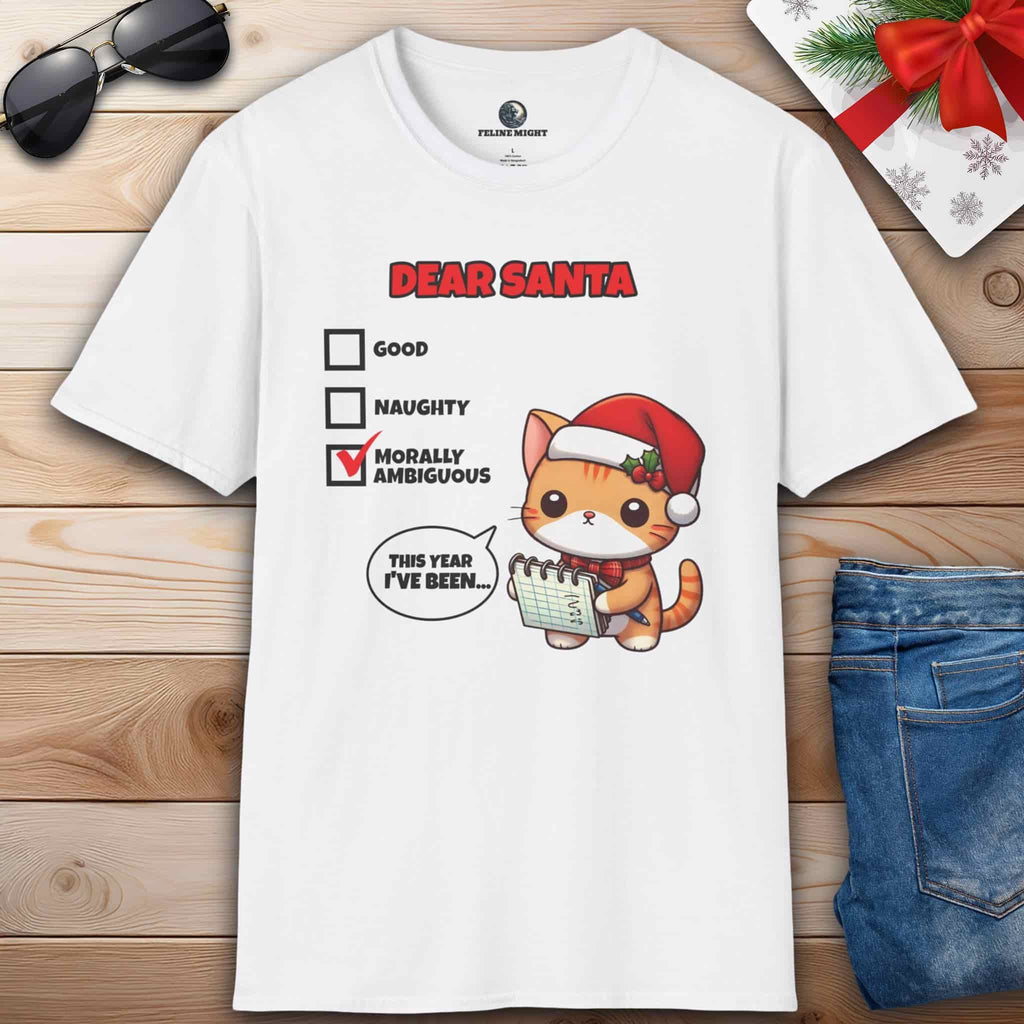 A white Dear Santa Cat T-Shirt featuring a festive cat with a humorous checkbox design for the holiday season.