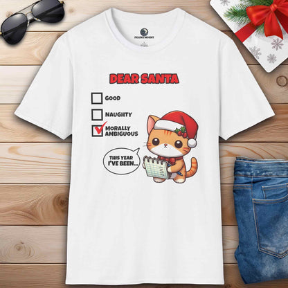 A white Dear Santa Cat T-Shirt featuring a festive cat with humorous checkbox design for the holiday season.