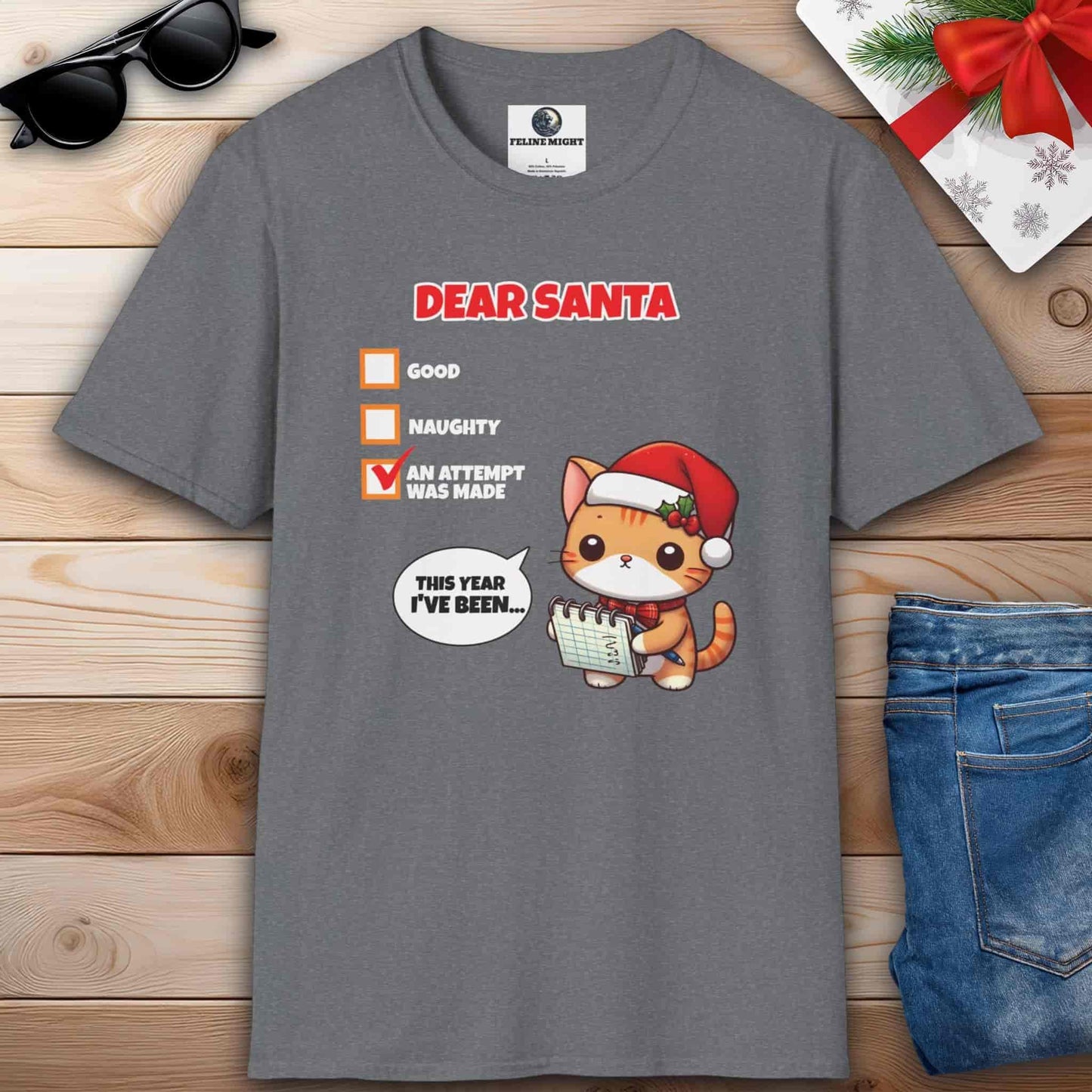 A humorous athletic heather grey t-shirt showcasing a cat wearing a Santa hat, accompanied by the phrase Dear Santa, perfect for cat lovers.