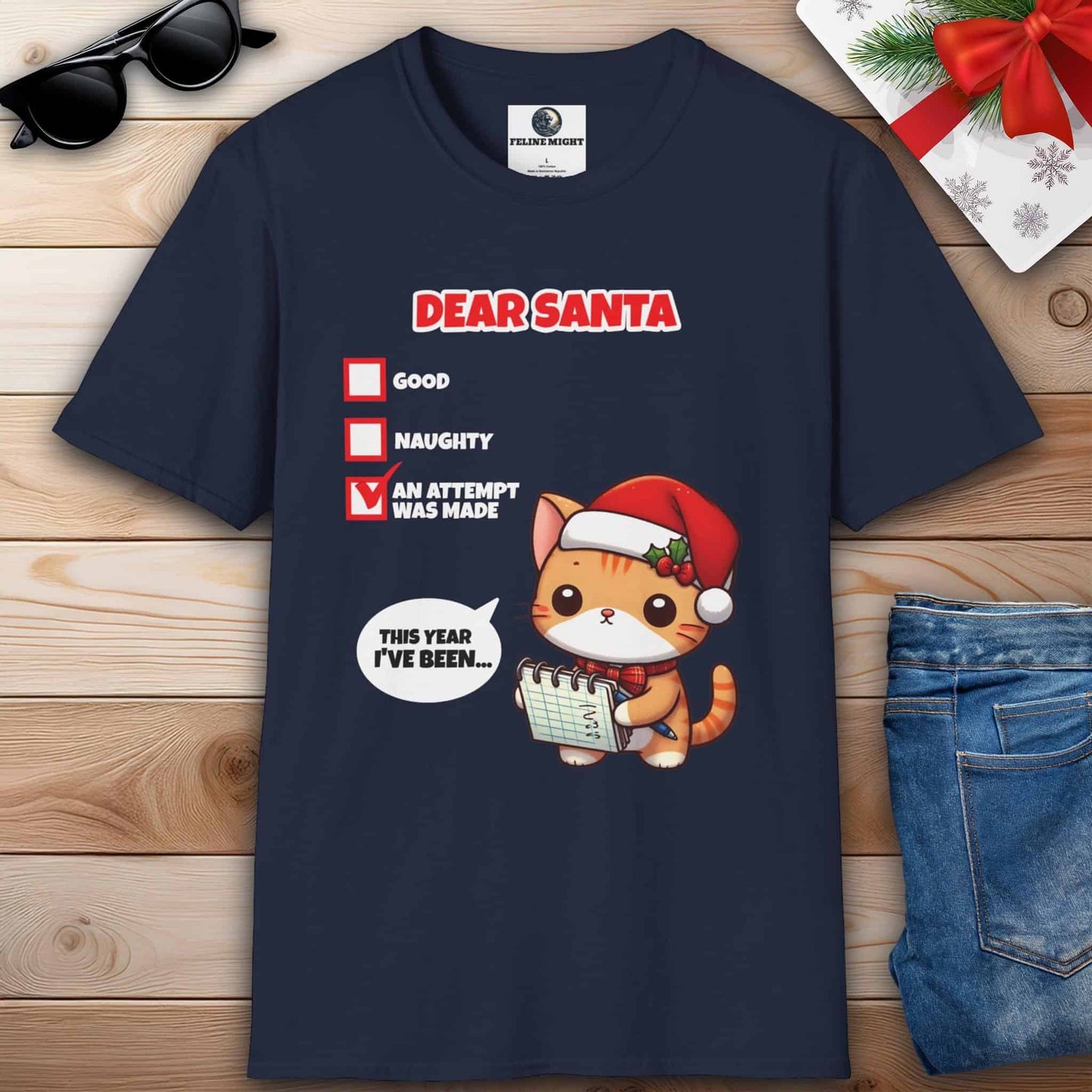 Cute cat navy blue t-shirt for Christmas with a letter to Santa