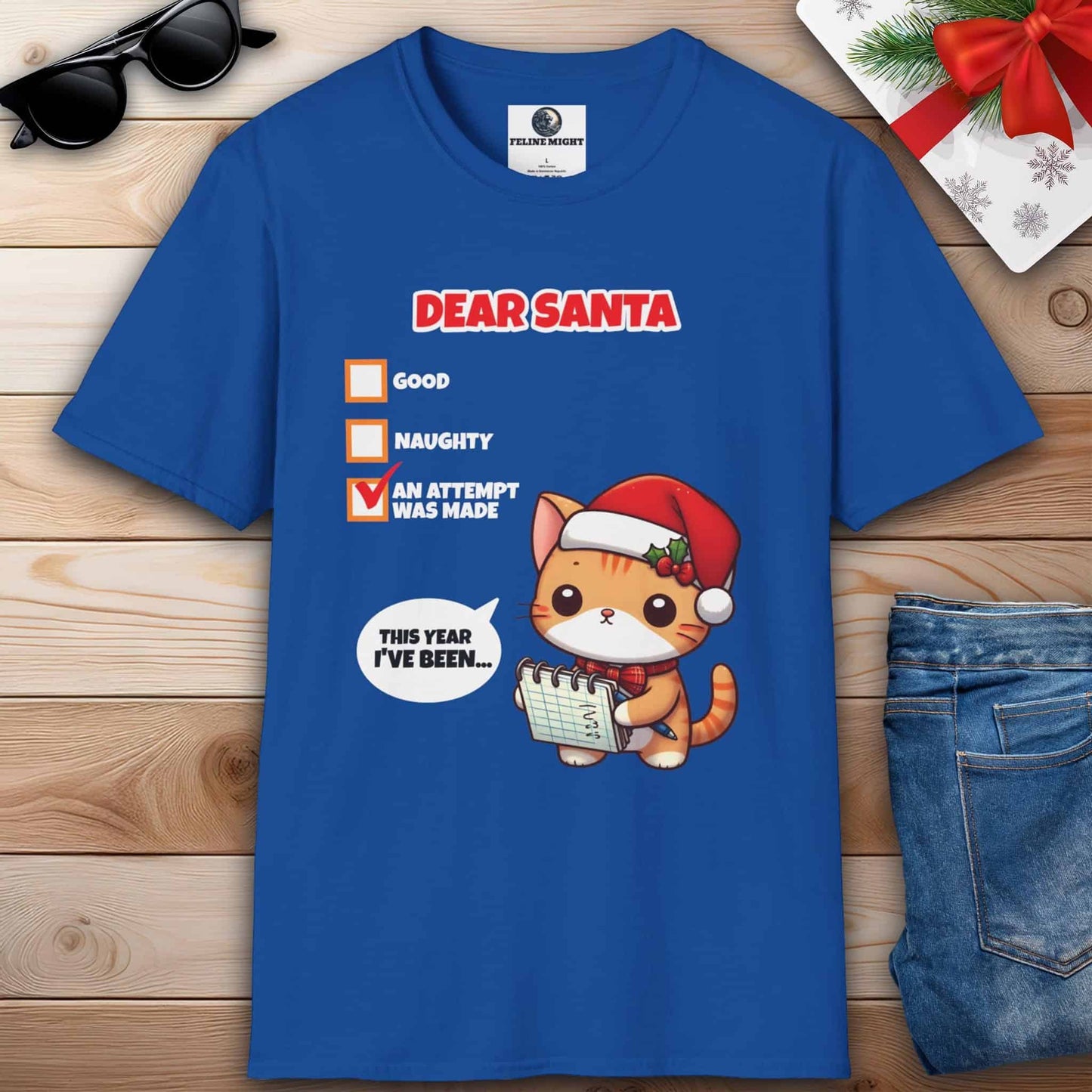 Cute cat royal blue t-shirt for Christmas with a letter to Santa