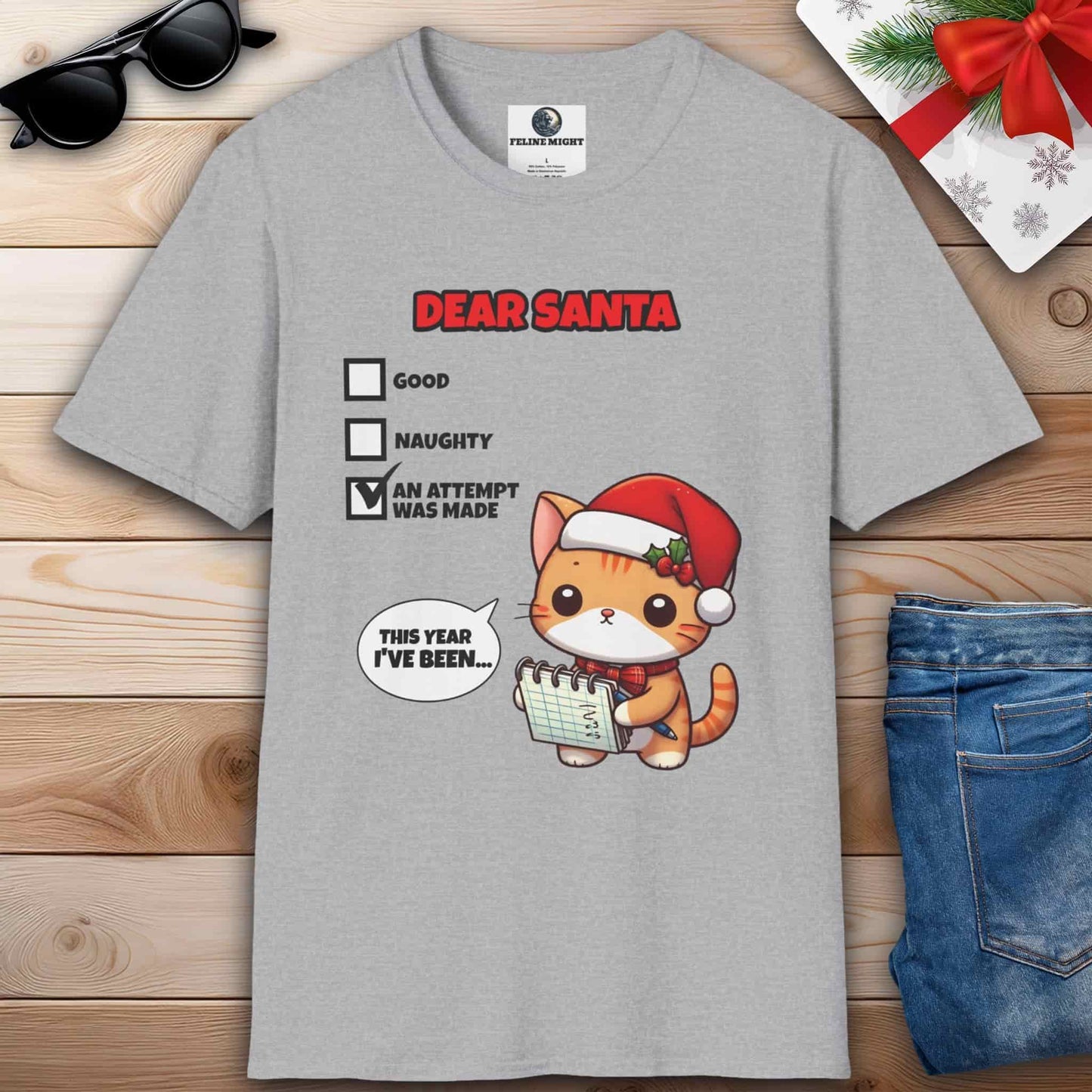 Cute cat sport grey t-shirt for Christmas with a letter to Santa