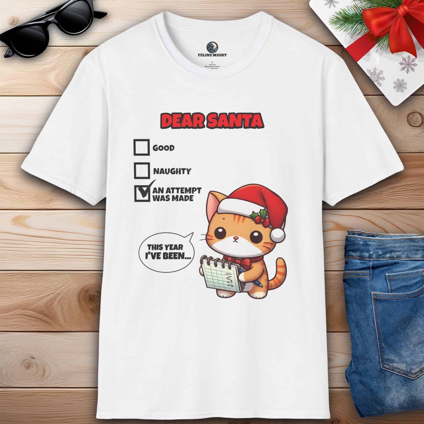 Cute cat white t-shirt for Christmas with a letter to Santa