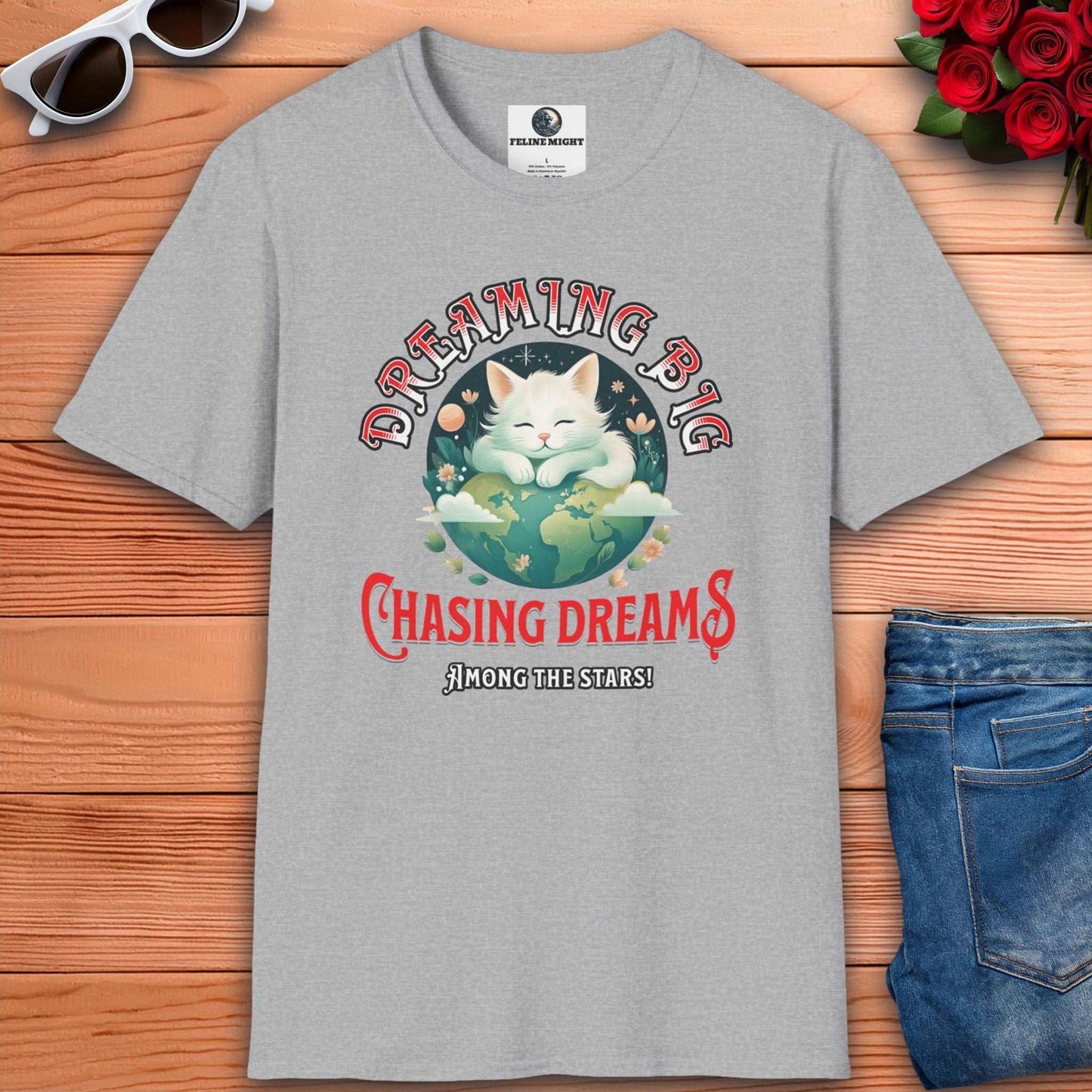 Grey t-shirt with a cute cat design featuring the phrase 'Dreaming Big Chasing Dreams Among the Stars'