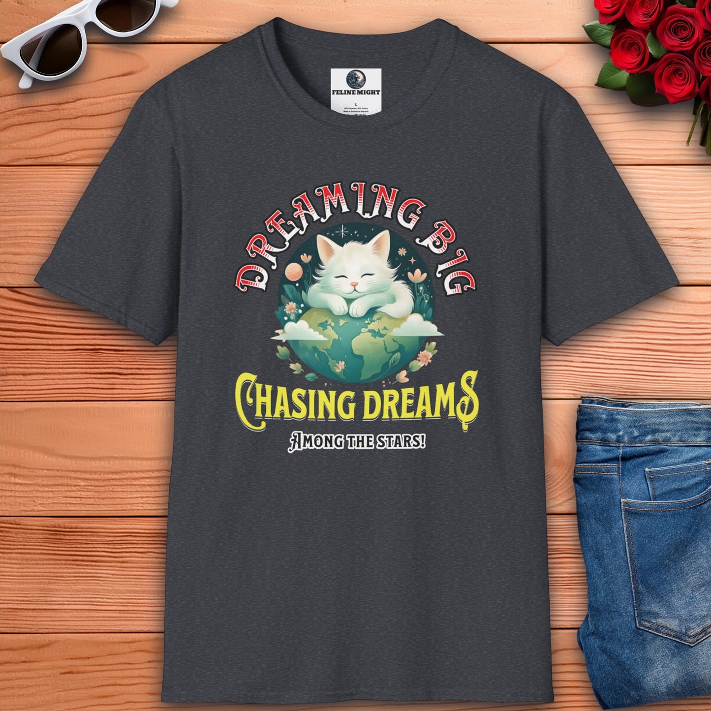 Dark heather grey t-shirt with a cute cat design featuring the phrase 'Dreaming Big Chasing Dreams Among the Stars'