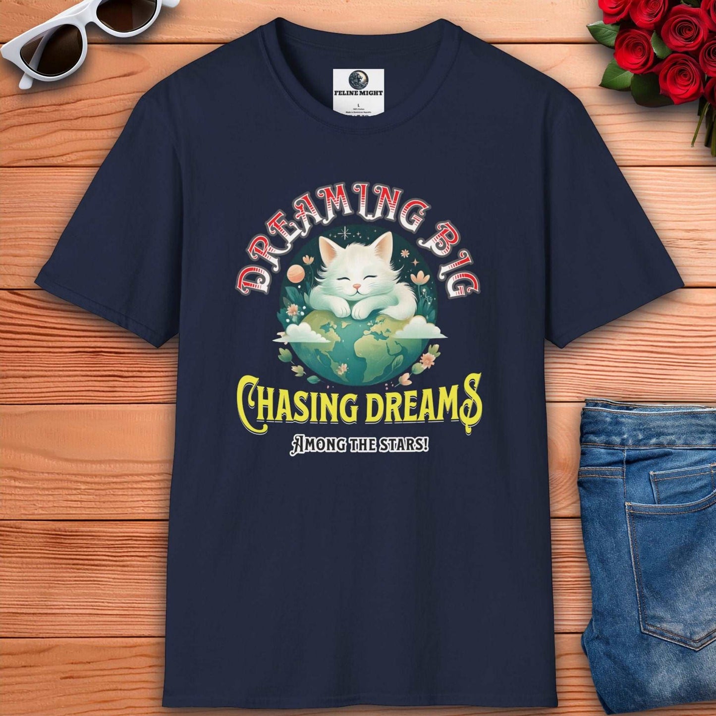 Navy blue t-shirt with a cute cat design featuring the phrase 'Dreaming Big Chasing Dreams Among the Stars'