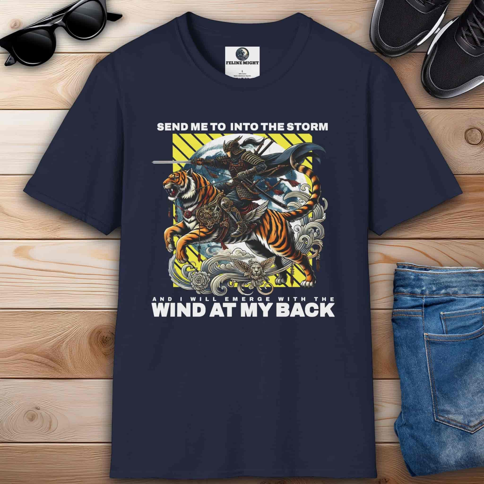 Navy blue Send Me Into the Storm Tiger T-Shirt with a warrior riding a tiger and the phrase "Send me into the storm and I will emerge with the wind at my back", inspired by adventure and courage.