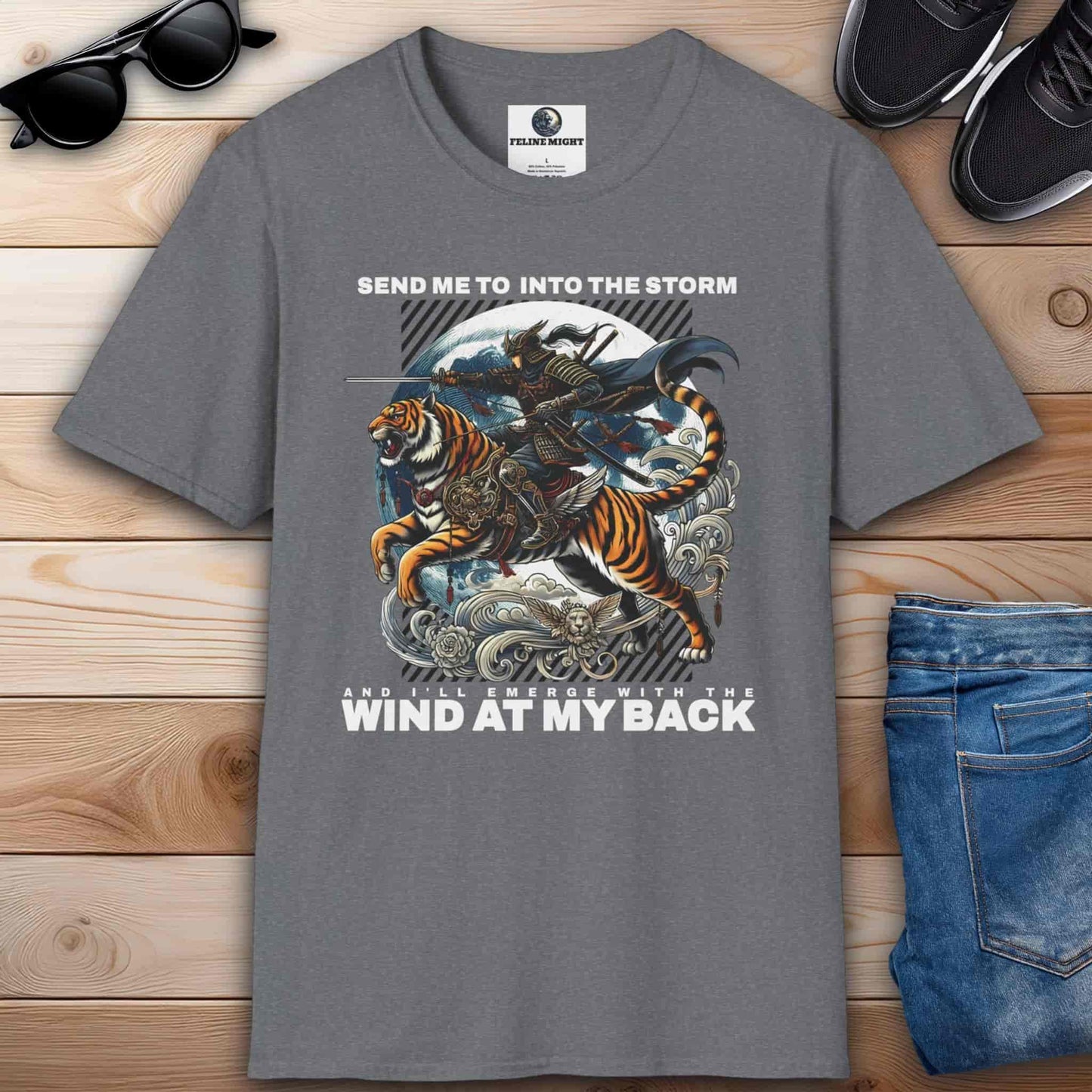 Athletic heather grey t-shirt with a warrior riding a tiger, inspired by adventure and courage.