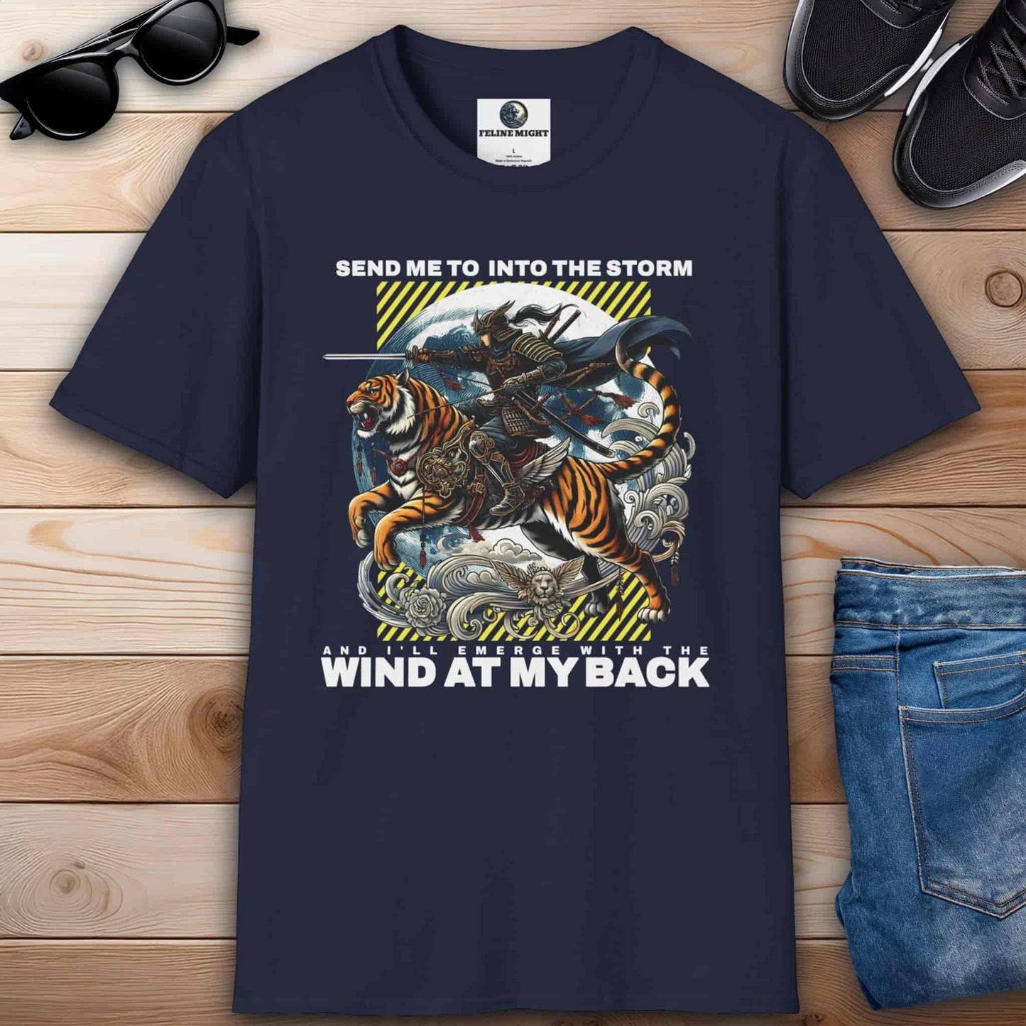 Navy blue t-shirt with a warrior riding a tiger, inspired by adventure and courage.