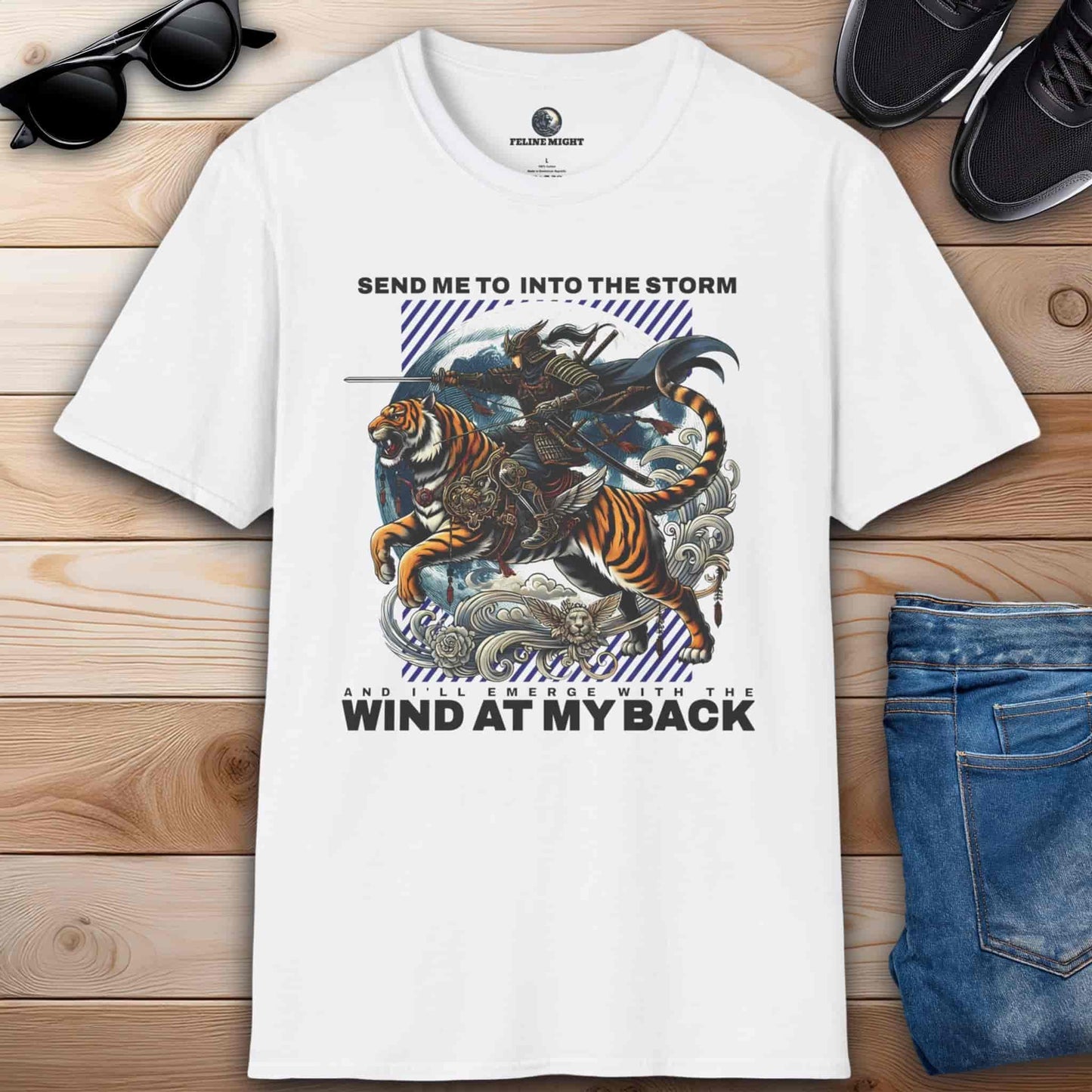 White t-shirt with a warrior riding a tiger, inspired by adventure and courage.