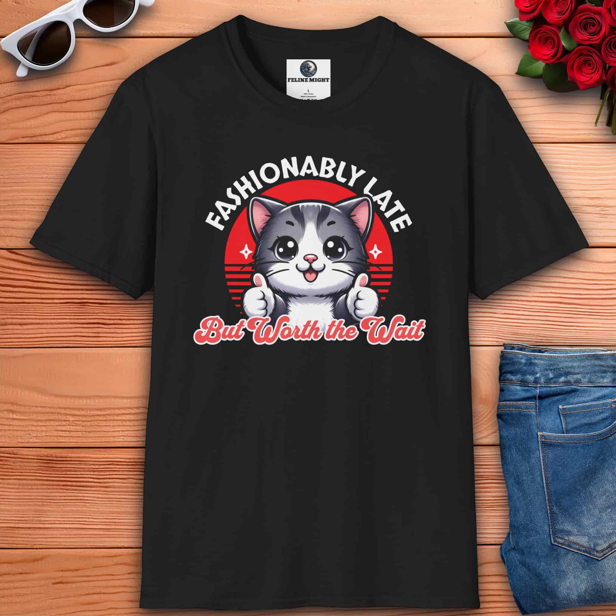 Black t-shirt featuring a cute cat graphic with the text 'Fashionably Late But Worth the Wait'.