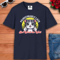 Navy blue Style Statement Cat Graphic Tee featuring a cute cat graphic with the text 'Fashionably Late But Worth the Wait'.