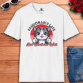White Style Statement Cat Graphic Tee featuring a cute cat graphic with the text 'Fashionably Late But Worth the Wait'.