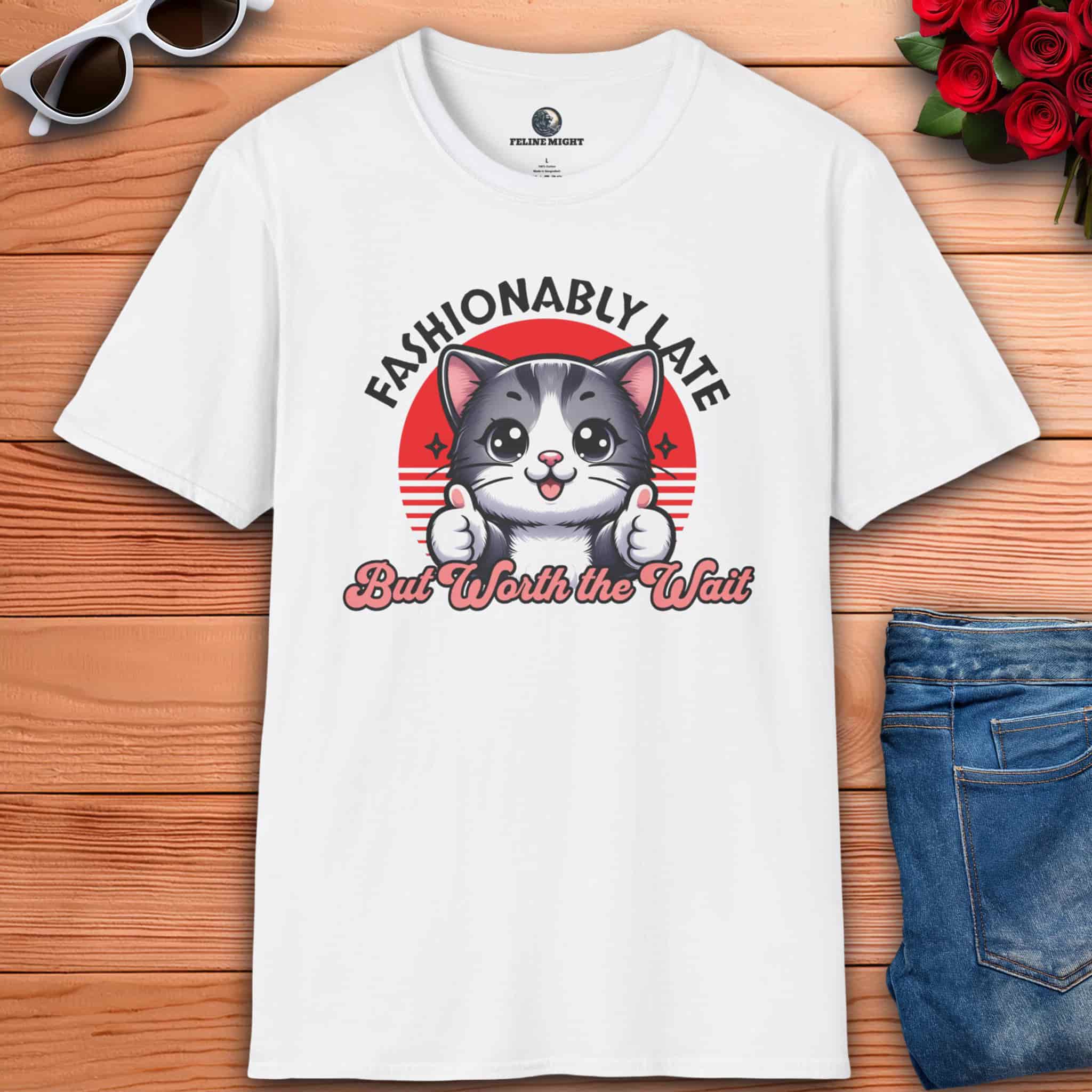 White t-shirt featuring a cute cat graphic with the text 'Fashionably Late But Worth the Wait'.