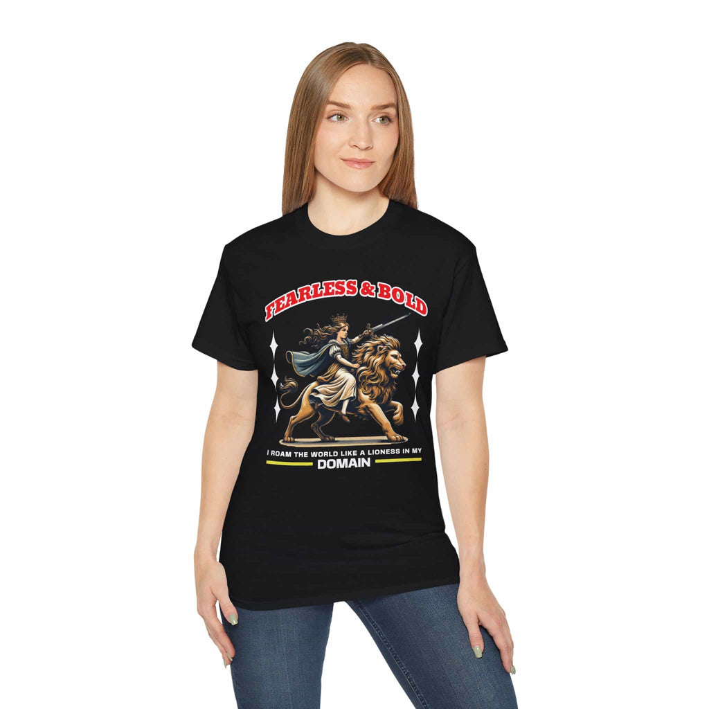 A woman in a black Fearless Lioness Women's T-Shirt featuring a sword-wielding queen and lion design.