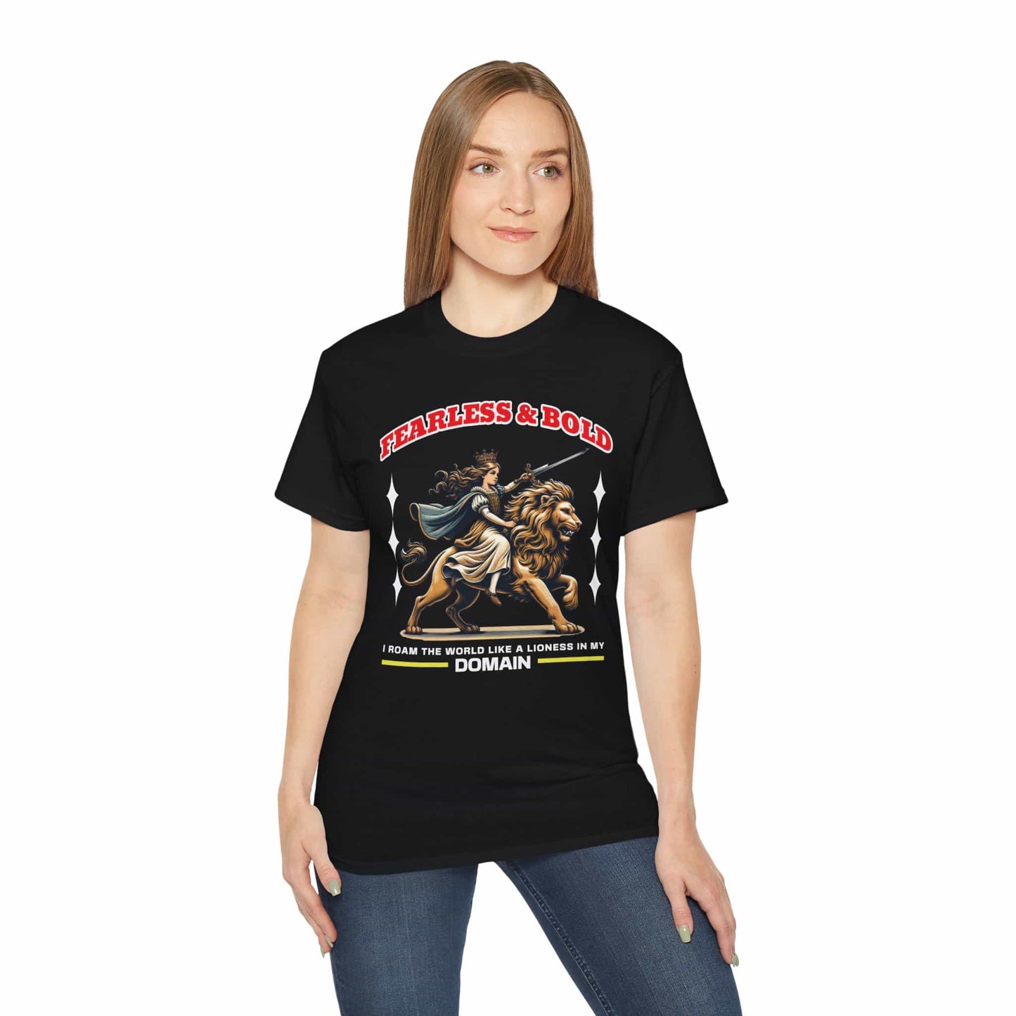 A woman in a black Fearless Lioness Warrior T-Shirt featuring a sword-wielding queen and lion design.