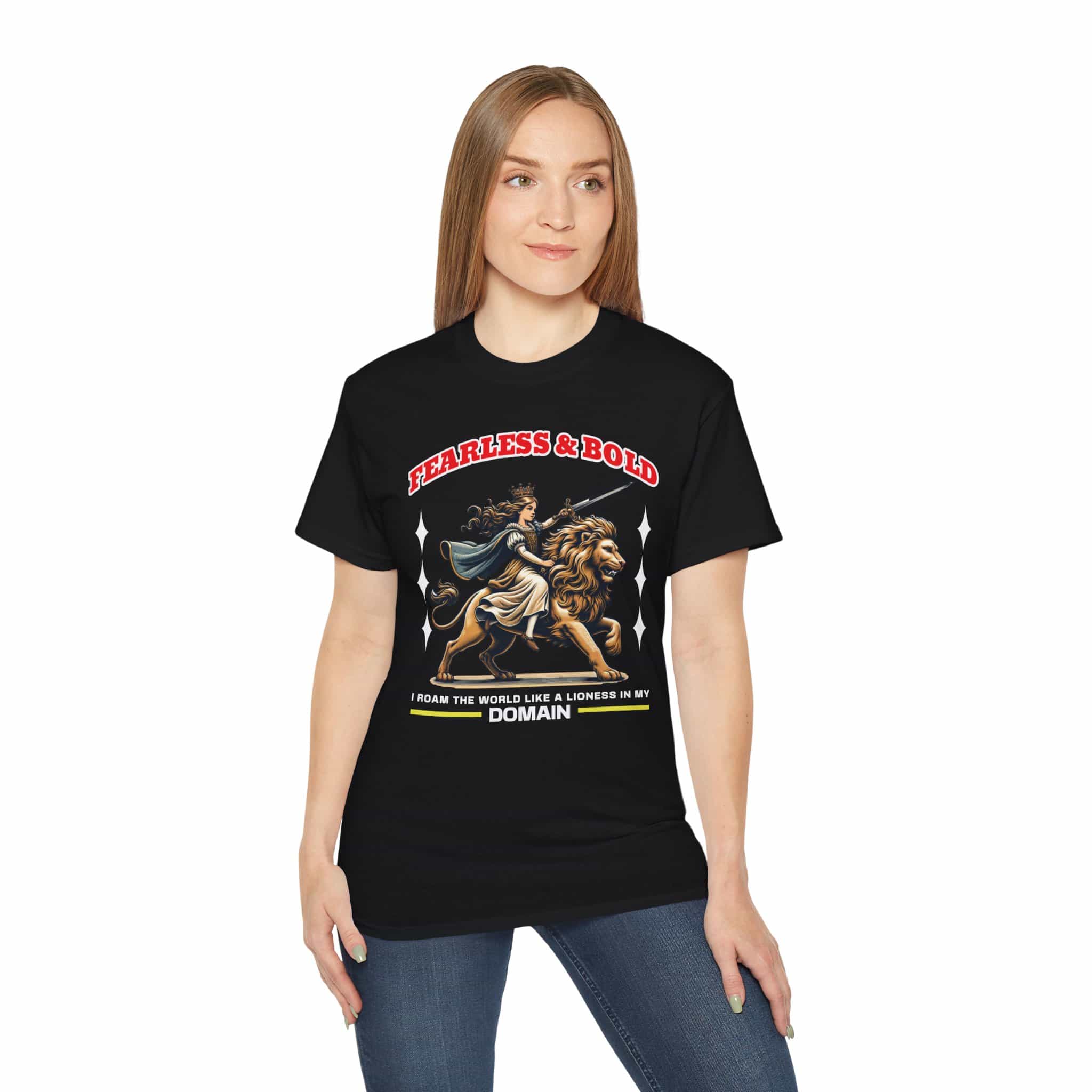 A woman in a black Fearless Lioness Women's T-Shirt featuring a sword-wielding queen and lion design.