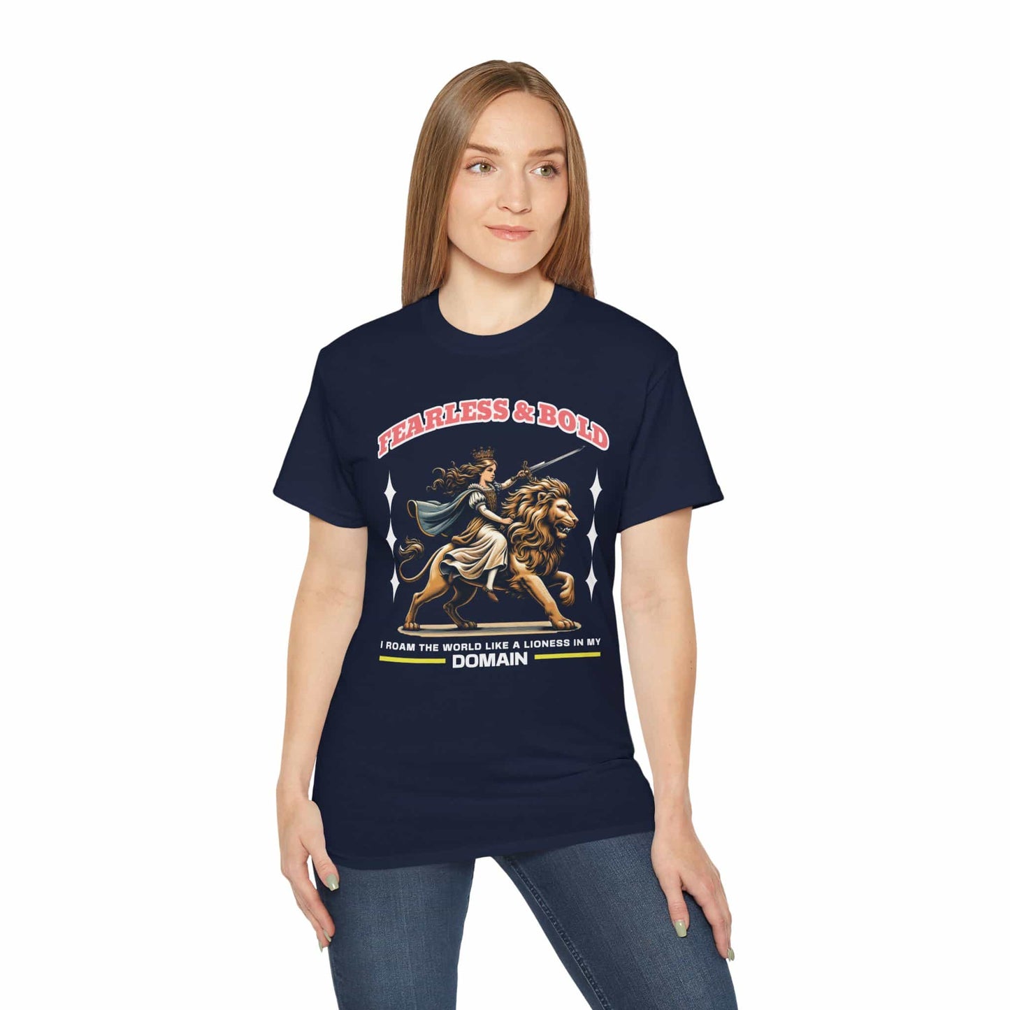 A woman in a navy blue Fearless Lioness Warrior T-Shirt featuring a sword-wielding queen and lion design.