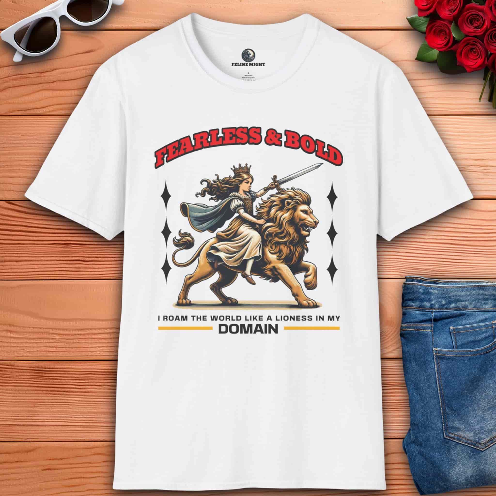 A white Fearless Lioness Women's T-Shirt featuring a sword-wielding queen and lion design on a wooden surface with sunglasses and jeans.