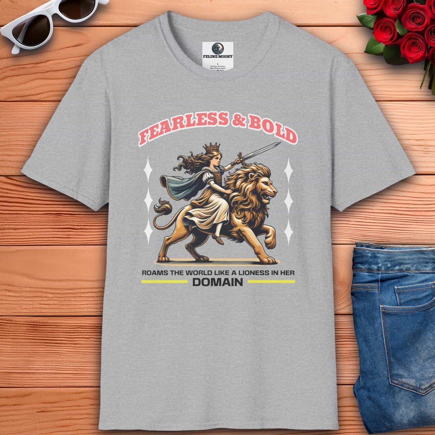 Grey T-shirt showcasing a bold female hero with a lion, embodying empowerment