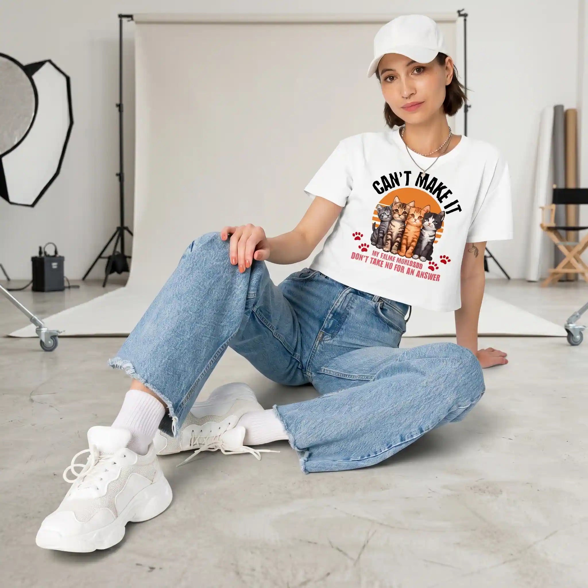 Crop tee mockup displaying a fun cat illustration for Feline Might online store.