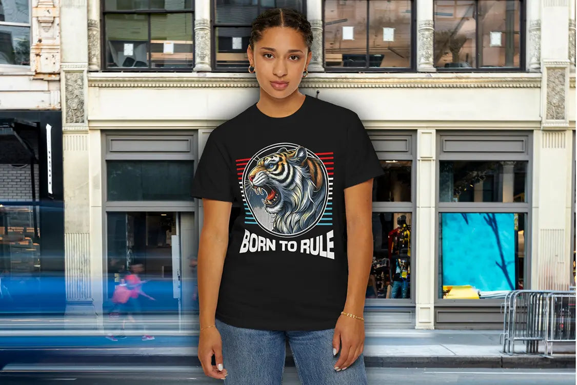 Feline Might promotional banner featuring a model wearing a tiger-themed t-shirt.