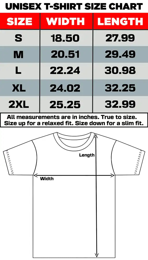 Unisex T-shirt size chart for Feline Might, showing width and length measurements in inches.