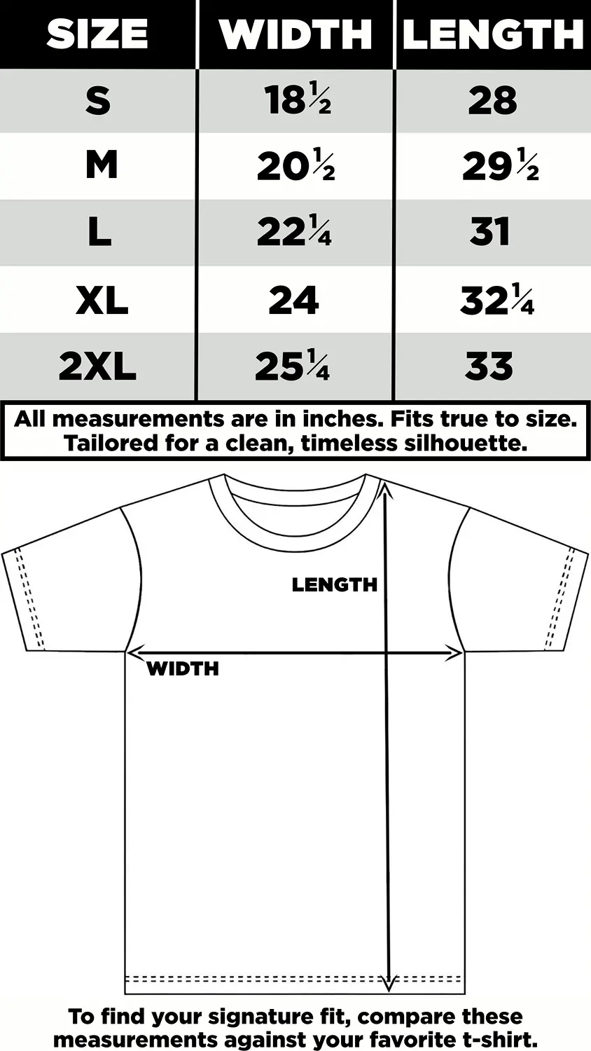 Feline Might online store size and fit guide for t-shirts.