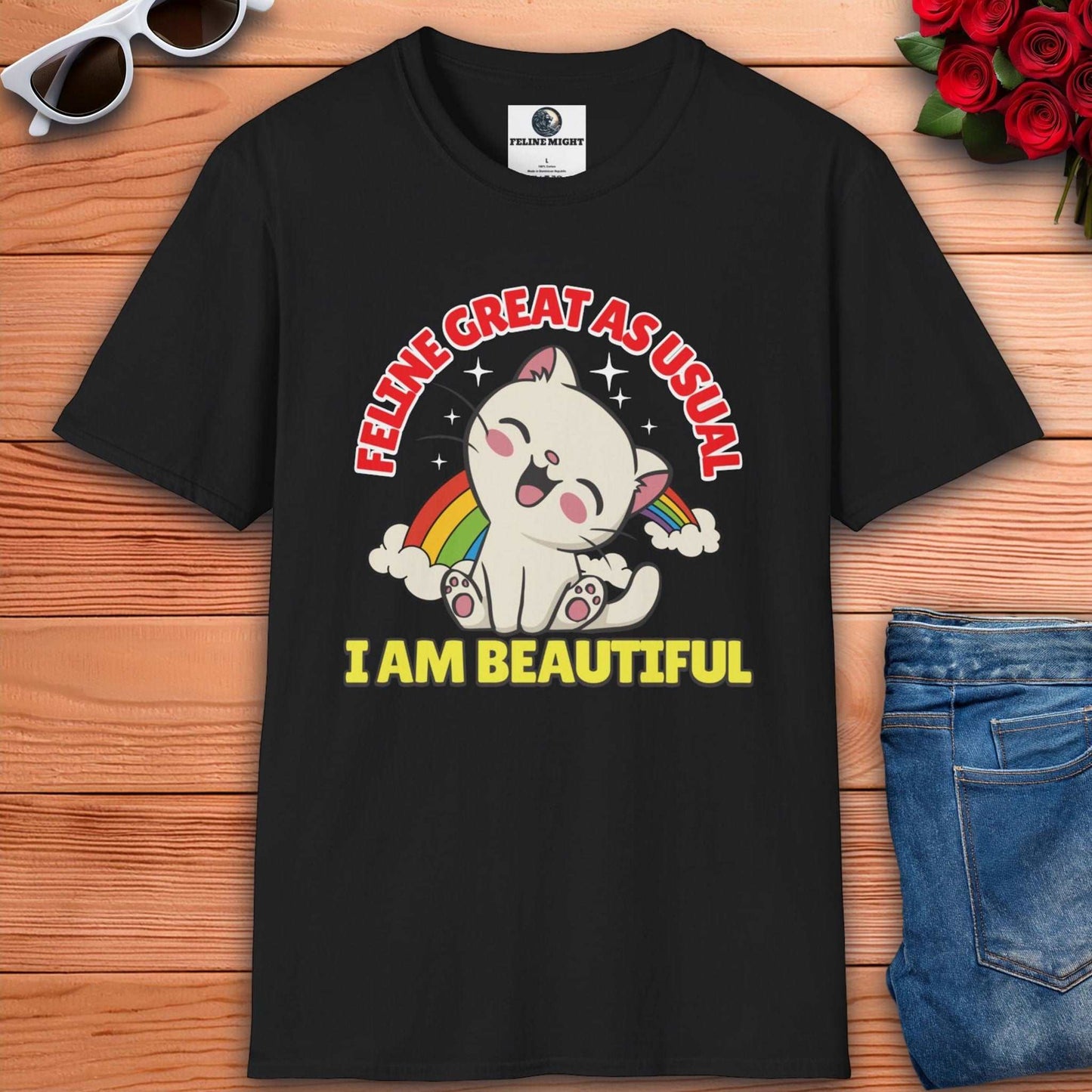 Black T-shirt with a cute cat graphic saying 'Feline Great As Usual' and 'I Am Beautiful'