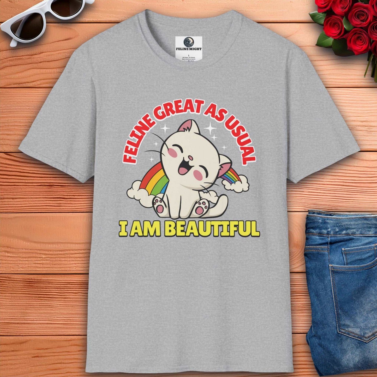 Grey T-shirt with a cute cat graphic saying 'Feline Great As Usual' and 'I Am Beautiful'