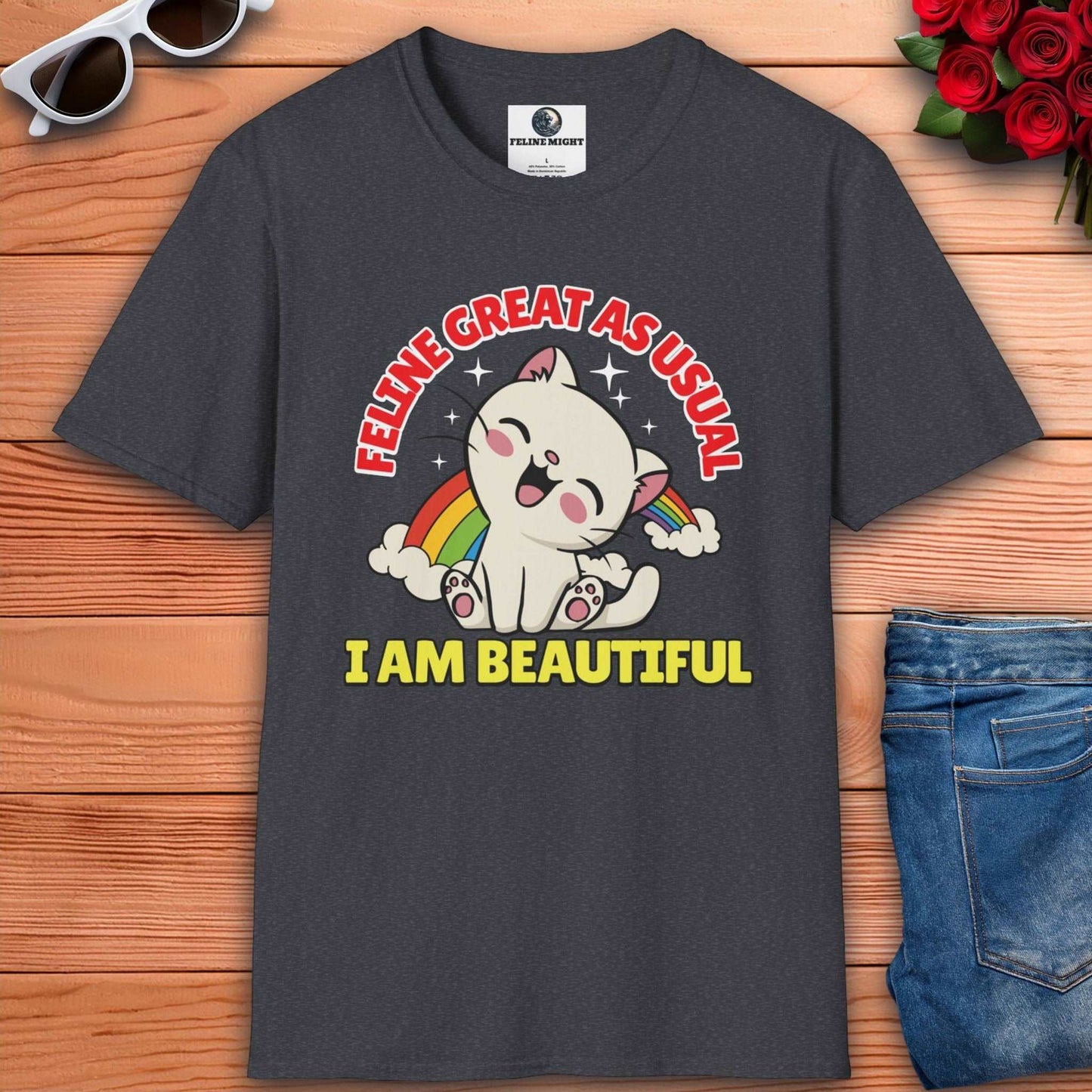 Dark heather grey T-shirt with a cute cat graphic saying 'Feline Great As Usual' and 'I Am Beautiful'