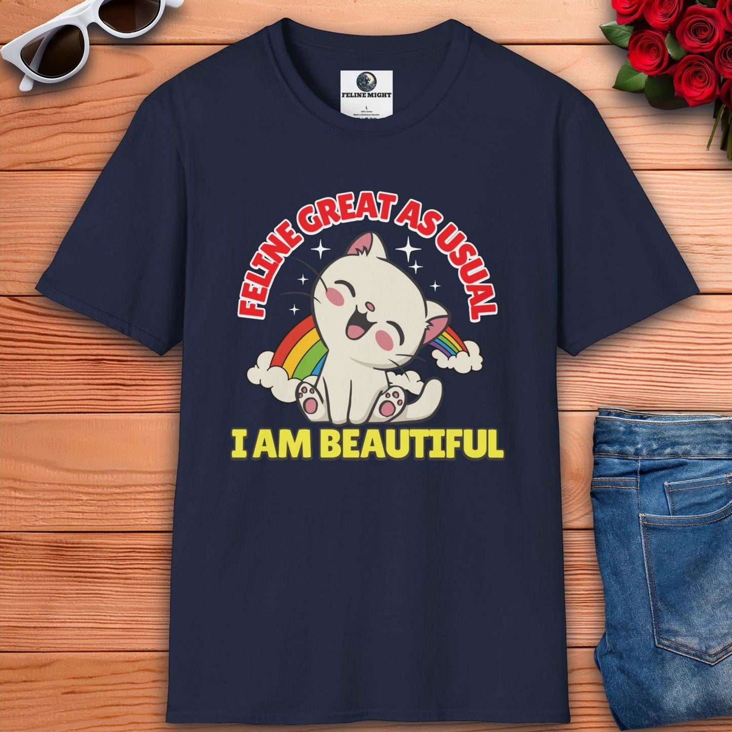 Navy blue T-shirt with a cute cat graphic saying 'Feline Great As Usual' and 'I Am Beautiful'