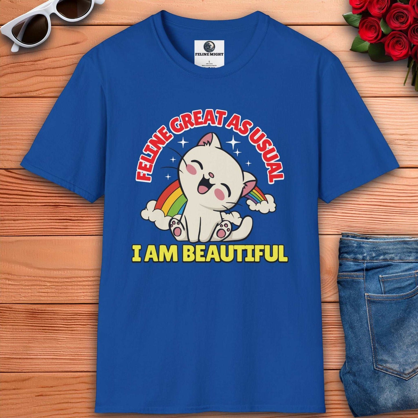 Royal blue T-shirt with a cute cat graphic saying 'Feline Great As Usual' and 'I Am Beautiful'