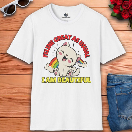 White T-shirt with a cute cat graphic saying 'Feline Great As Usual' and 'I Am Beautiful'