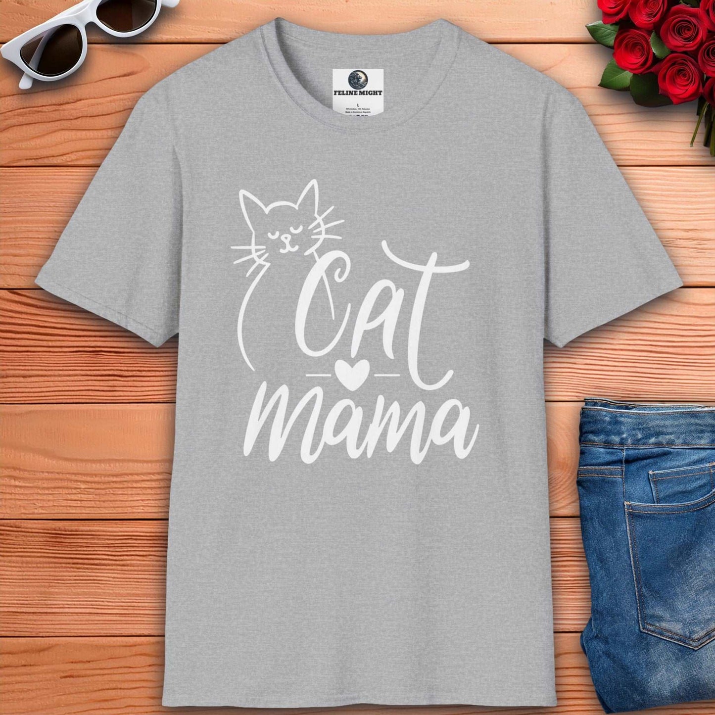 Cute grey shirt for cat lovers with 'Cat Mama' text and cat graphic