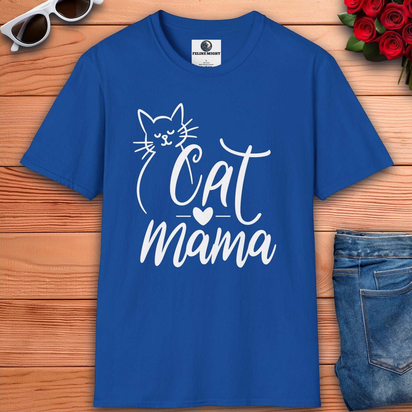 Cute royal blue shirt for cat lovers with 'Cat Mama' text and cat graphic