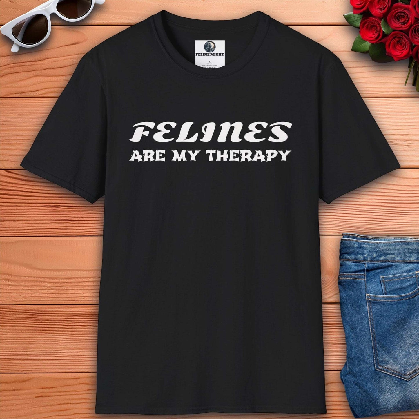 Funny black t-shirt design saying 'Felines Are My Therapy'