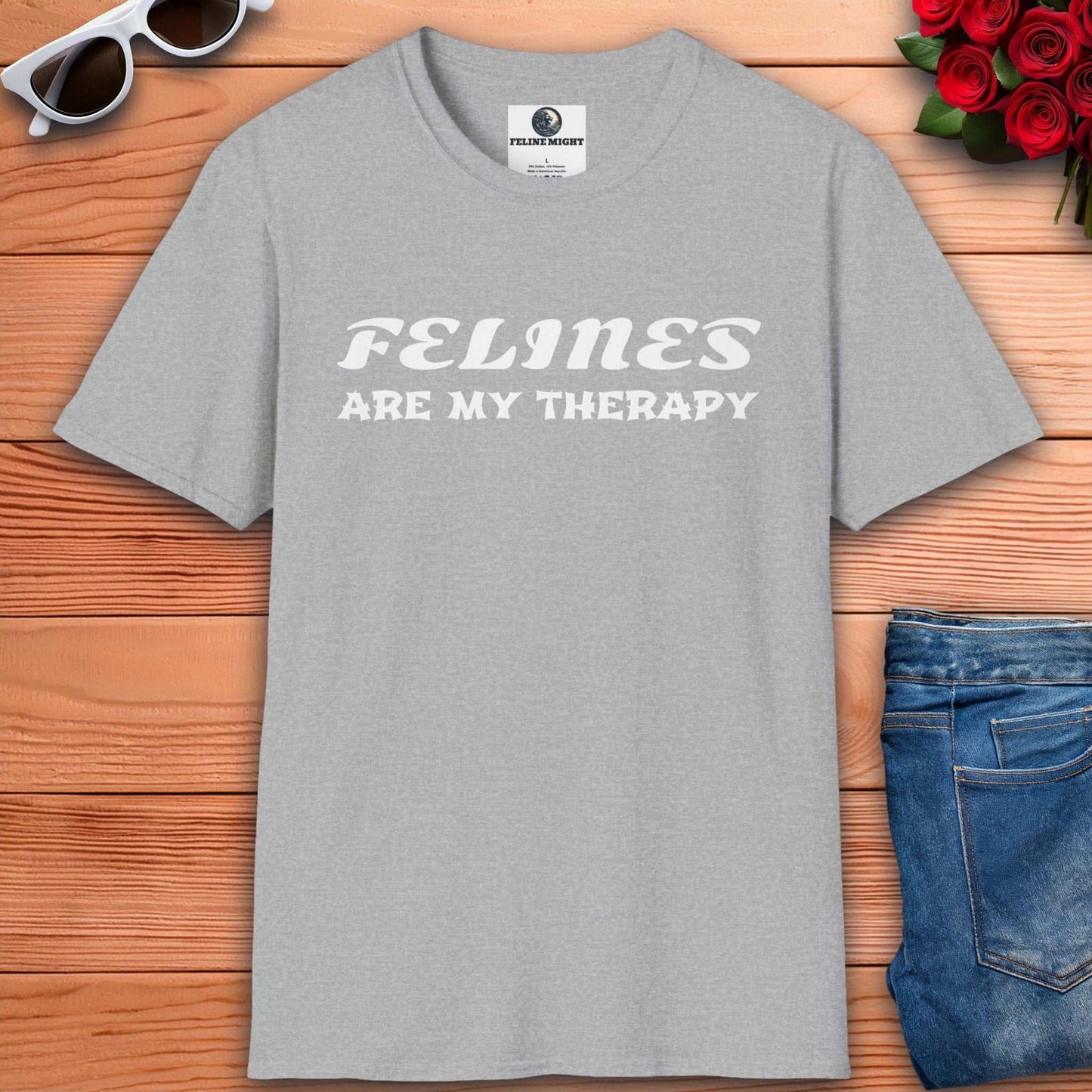 Funny grey t-shirt design saying 'Felines Are My Therapy'